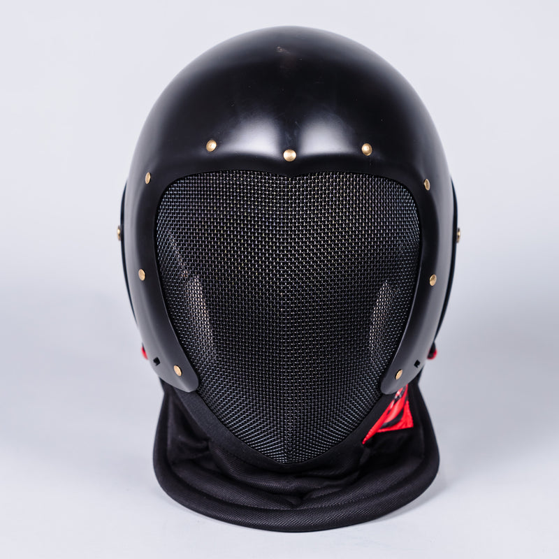 Black fencing mask with hard plastic piece surrounding the tops and sides, front view