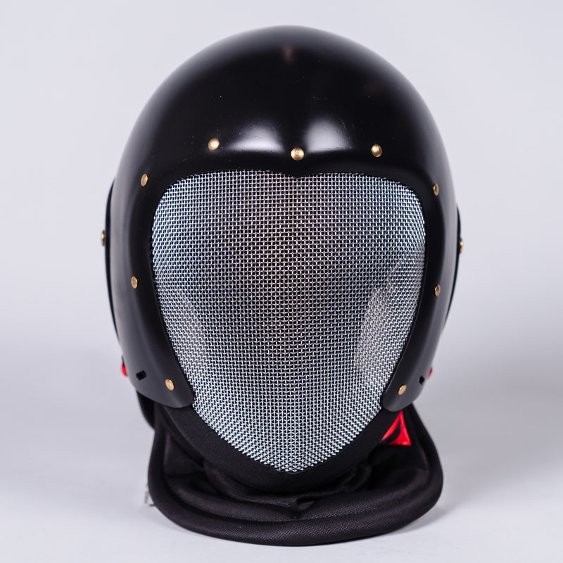 Silver fencing mask with hard plastic piece surrounding the tops and sides, front view